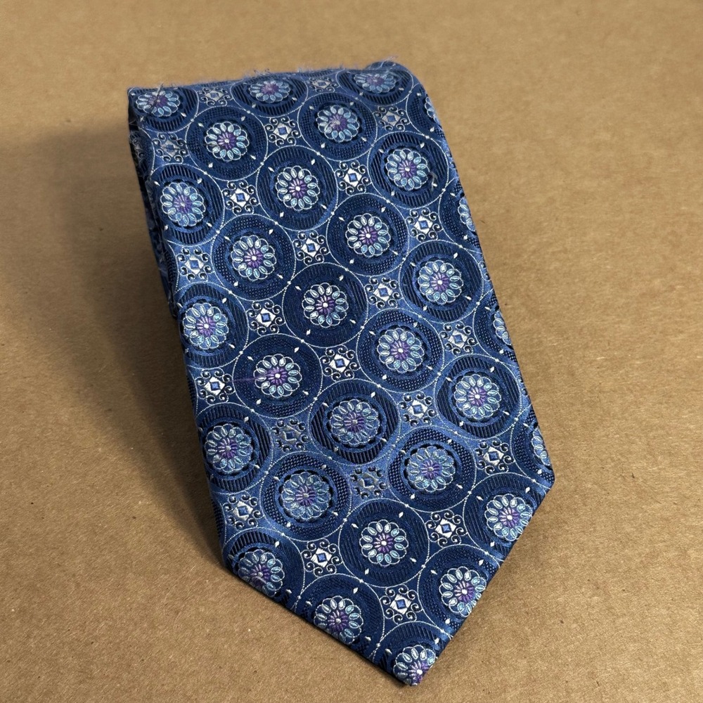 Ermenegildo Zegna Silk Tie Mens XL Blue Floral Medallion Good Italy Geometric